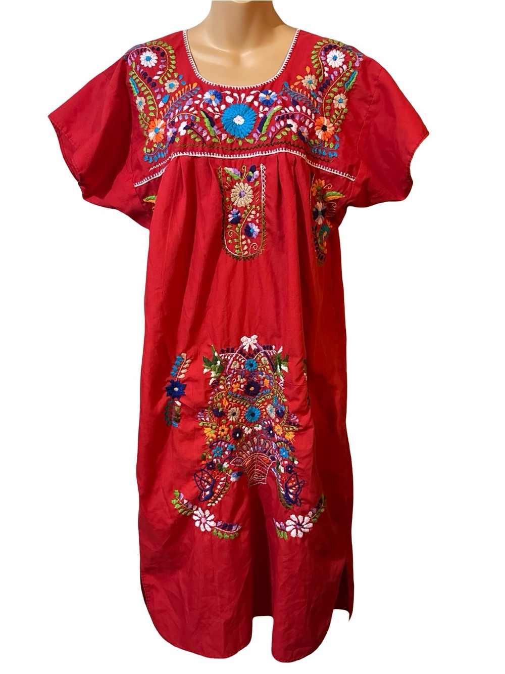 Vintage 1970s Mexican Oaxacan Embroidered Red Cotton Peasant Dress